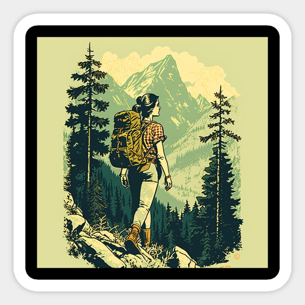 Woman Hiking in Forest Design, Adventure Mountain Sticker by logiamerch